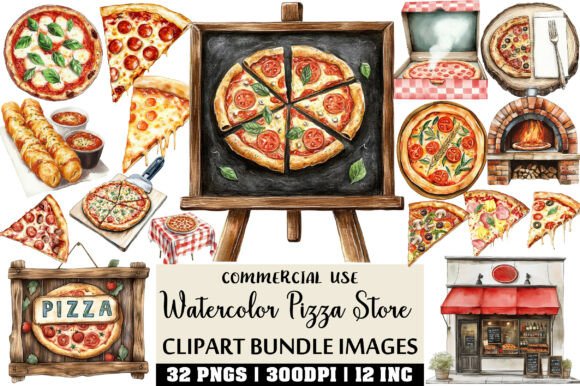 Download Watercolor Pizza Store Clipart Bundle - Premium Bundle